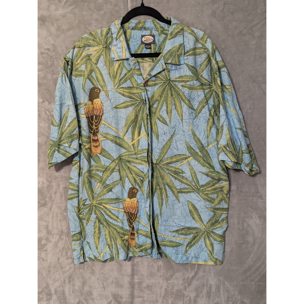 Tommy‎ Bahama Button Up Shirt Mens XL Blue Tropical Bird Bamboo 100% Linen Camp